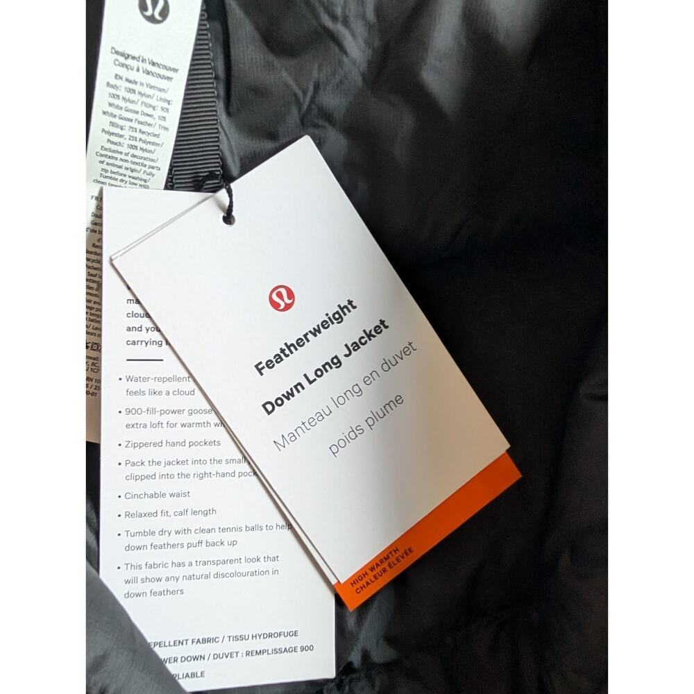 NWT Lululemon Featherweight 900Down-Fill Long Puffer Jacket Size XS Black - Picture 9 of 15